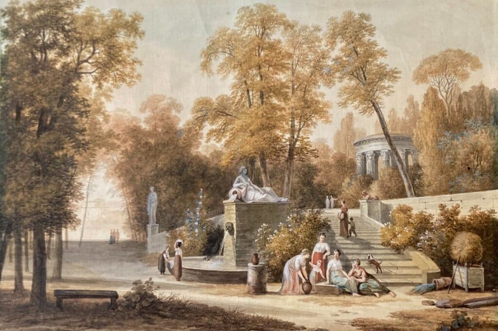 18th-century Garden animated landscape gouache by Louis Gadbois.
