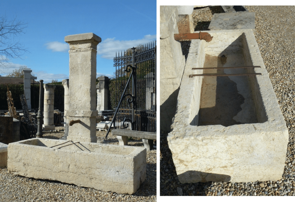 19th-century French fountain in hard stone from Villebois with a 224-cm long basin.