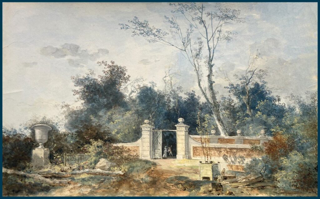 Entrance of an English-style park with vase and planter. Watercolor and gouache by Louis-Gabriel Moreau (1740-1806).