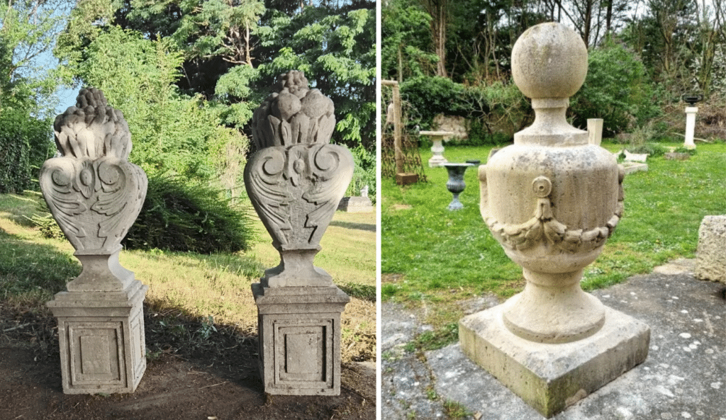 Antique 18th-century garden urns. Left: A pair of flamed urns in natural stone. Right: A lidded urn in limestone. 