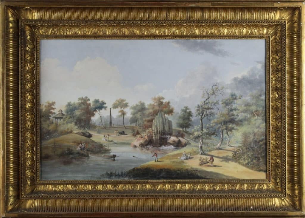 Gouache on paper by Louis Bélanger. Depicting a primitive hut, obelisque in the landscape garden of Bagatelle.