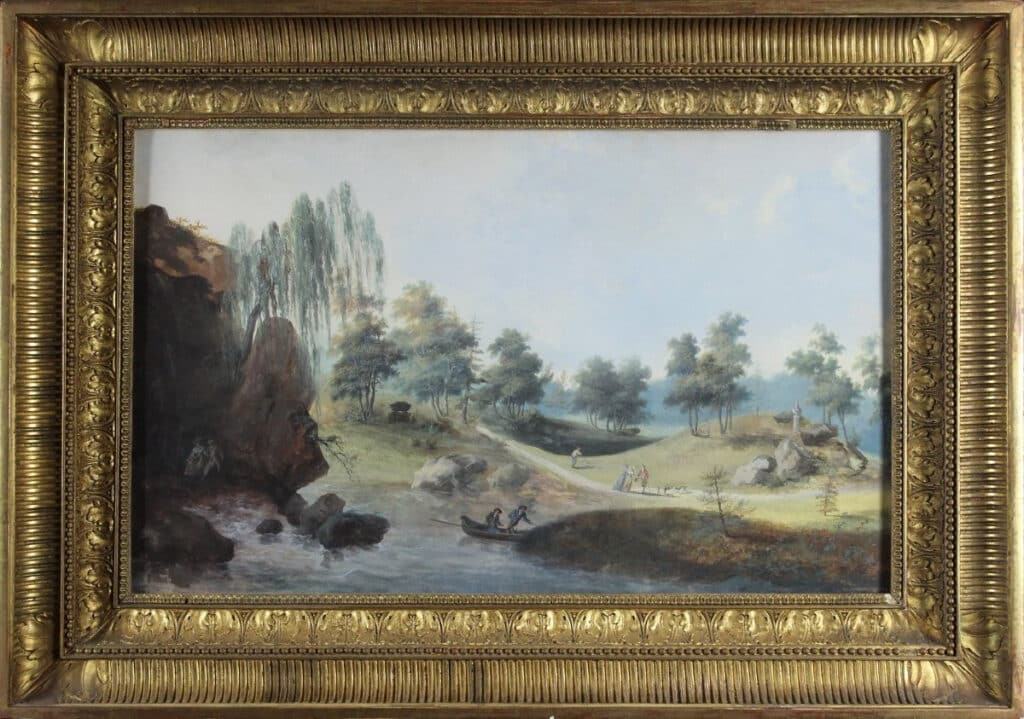 Grotto, tomb, and bust on pedestal in the landscape garden of Bagatelle. Second gouache on paper by Louis Bélanger.