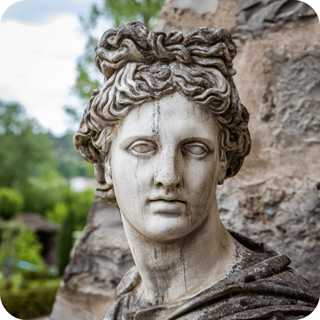 Belvedere Apollo bust in natural stone. Exposure to the elements has given it an expressive patina.