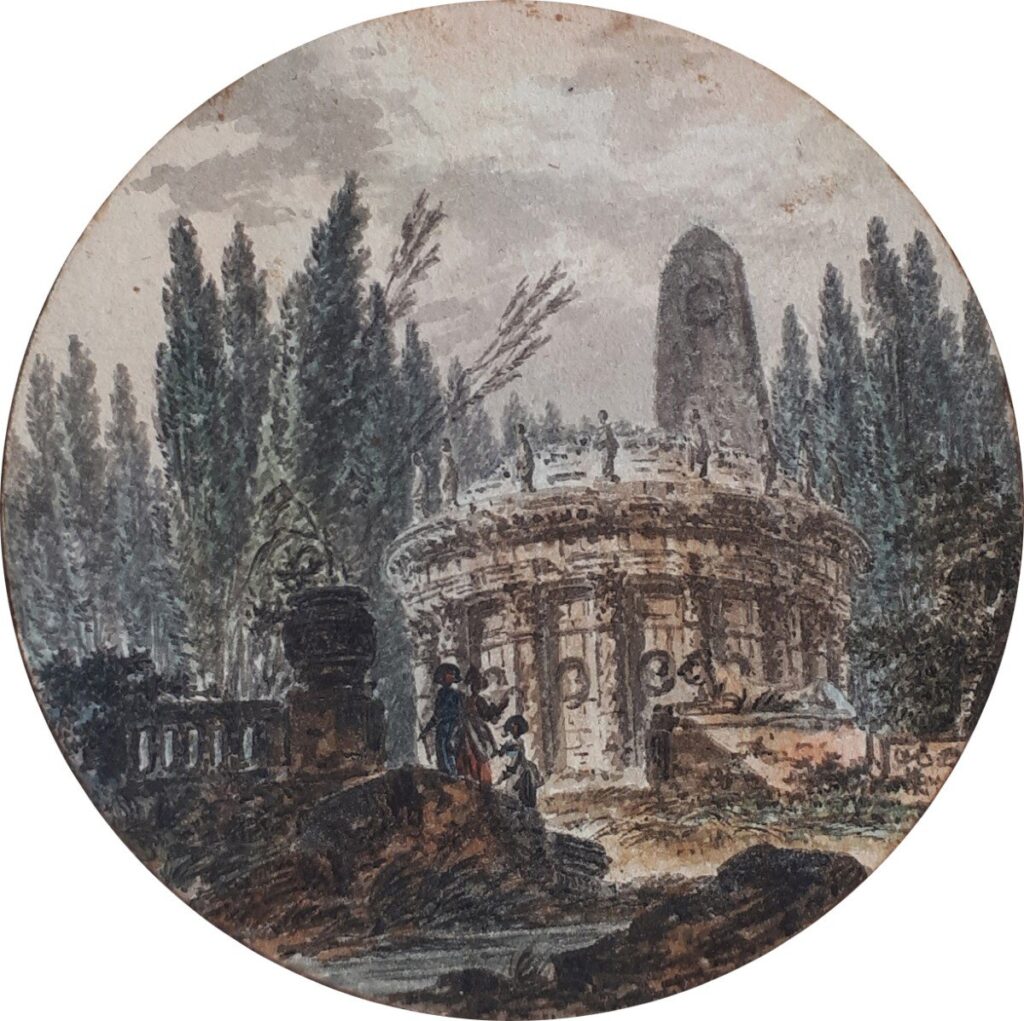 Ideal temple corner of an English landscape garden. Ink and watercolor by Alexandre Vernet (1763-after 1789), student of Hubert Robert and Pierre-Antoine Demachy.