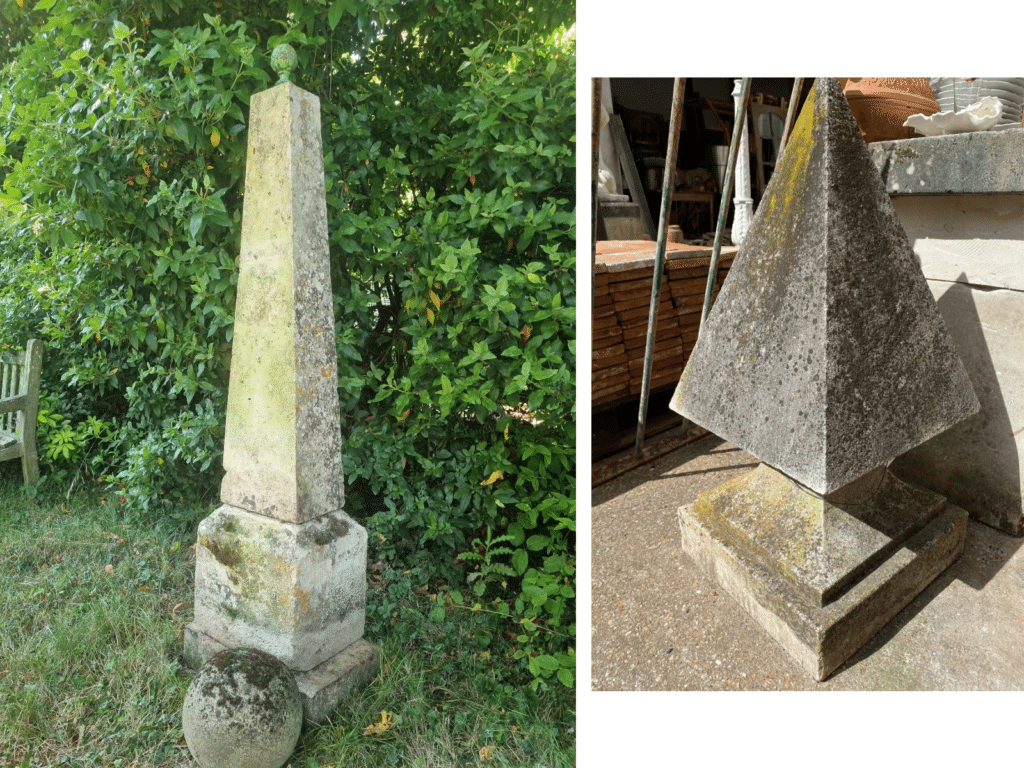 Left: 18th-century obelisk. Right: Pair of pyramidal pillar caps.