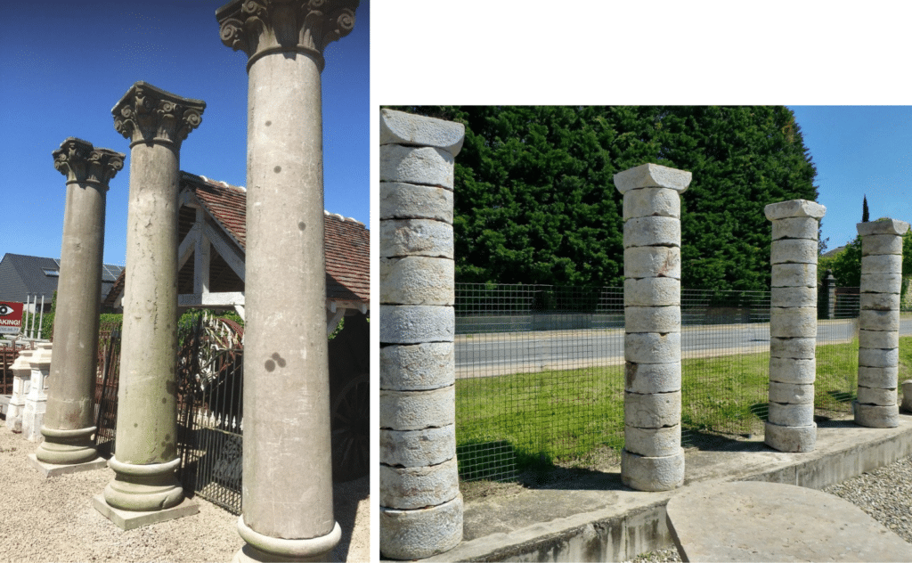 Two sets of antique columns.Left: set of three 18th-century blue stone columns. Right: Set of four 17th-century drum columns.