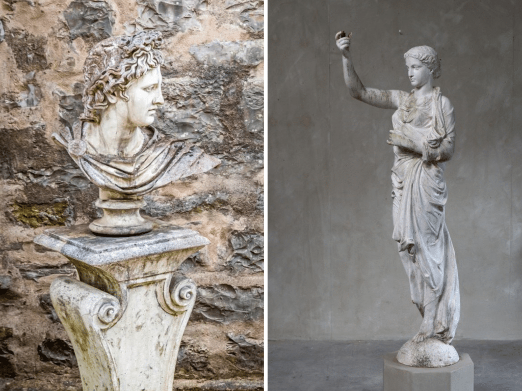 Left: Bust of Belvedere Apollo (Ehrl Fine Art & Antiques). Right: Statue of an antique-fashion draped woman holding a torch (De Groot Antiques).