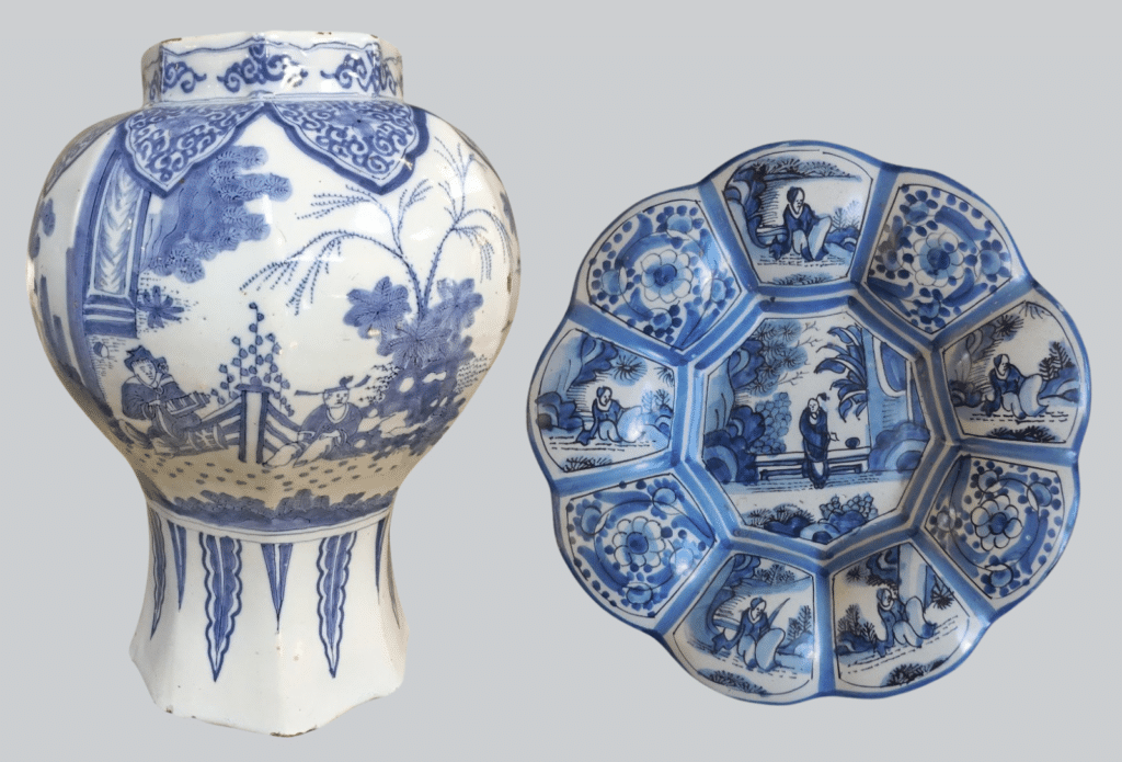 Two examples of Delft chinoiserie ceramics from the 17th century, a baluster vase and a plate.
