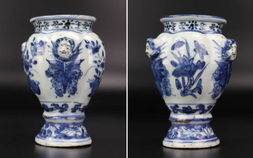 The pairing of angels with grape motifs further suggests a Eucharistic theme, likely for the Portuguese Jesuit market.