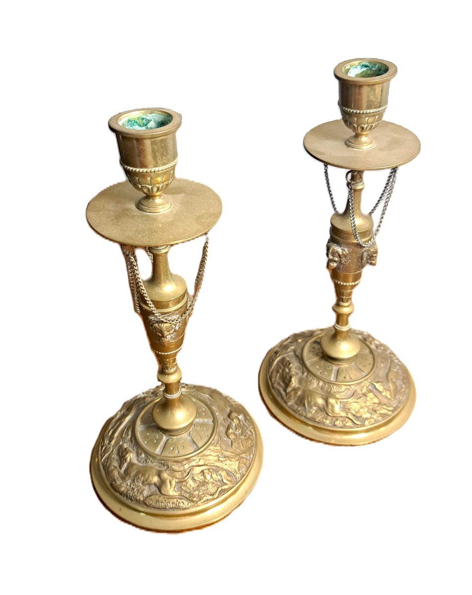 Pair Of Bronze Candlesticks - By Jules Moigniez-photo-2