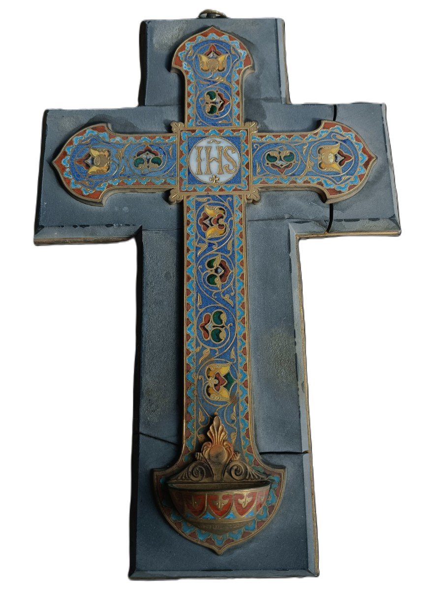 Crucifix Stoup In Cloisonné Bronze - Barbedienne - 19th Century