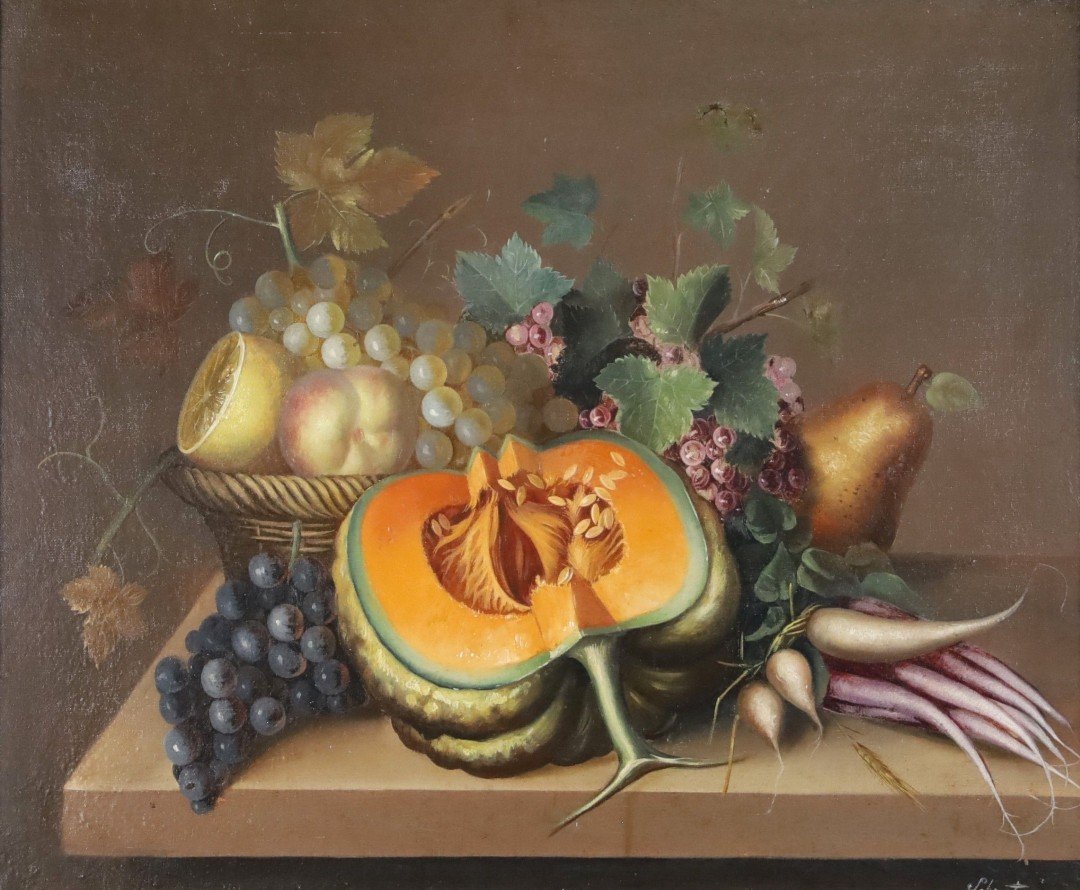 Nature Morte à la Citrouille et aux Raisins - Schnutz (XXe) - Huile sur Toile -photo-4
