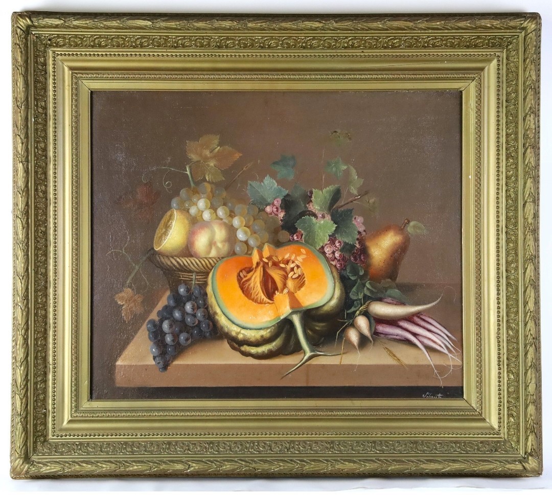 Nature Morte à la Citrouille et aux Raisins - Schnutz (XXe) - Huile sur Toile 