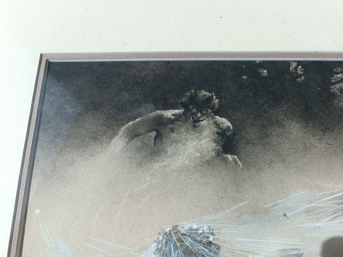 Léon ZEYTLINE (1885-1962) - Syrinx échappant à Pan - Lavis d'Encre et Gouache - Vers 1905-photo-3
