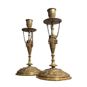 Pair Of Bronze Candlesticks - By Jules Moigniez
