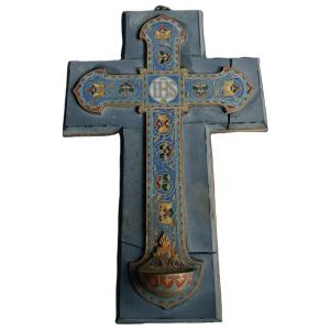 Crucifix Stoup In Cloisonné Bronze - Barbedienne - 19th Century