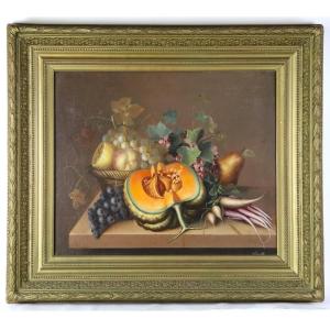 Still Life With Pumpkin And Grapes - Schnutz (20th Century) - Oil On Canvas 