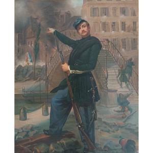 Charge At The Canal Saint-martin On June 23, 1848 - Oil On Canvas - 19th Century