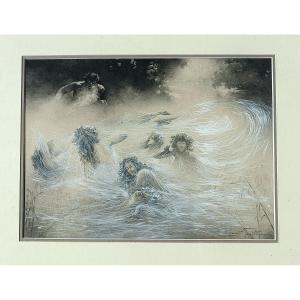 Léon ZEYTLINE (1885-1962) - Syrinx échappant à Pan - Lavis d'Encre et Gouache - Vers 1905