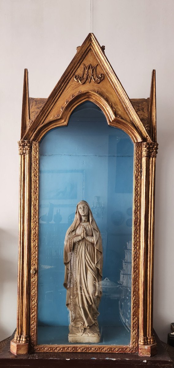 Large Religious Shrine Or Showcase In Plaster And Golden Wood 19th (162cm High)