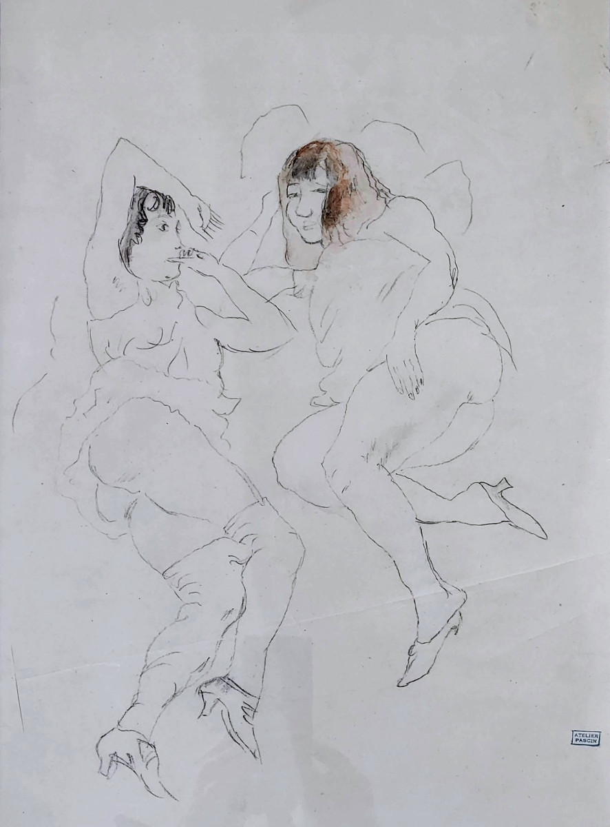 Jules Pascin — Deux femmes de maison close,  crayon et aquarelle, cachet Atelier Pascin