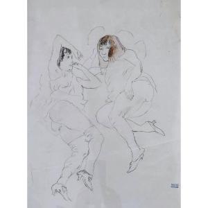 Jules Pascin — Deux femmes de maison close, crayon et aquarelle, cachet Atelier Pascin