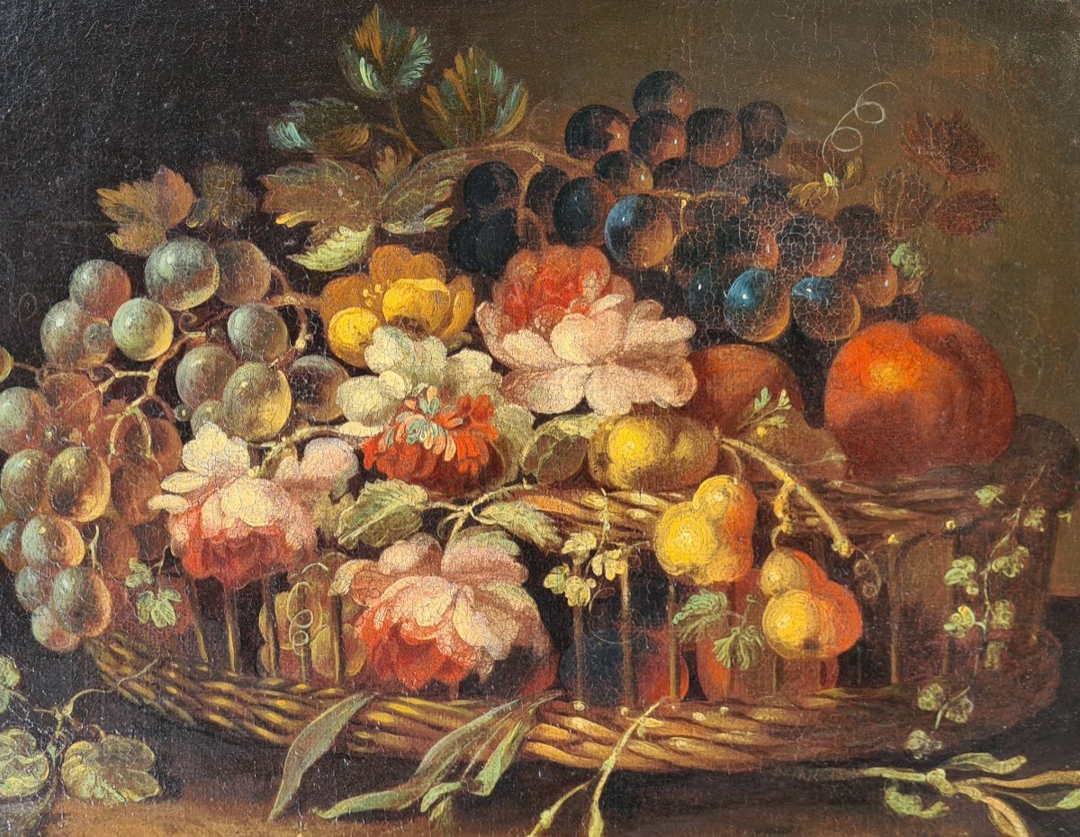 Corbeille De Fleurs Et Fruits XVIIIe Siècle -photo-3