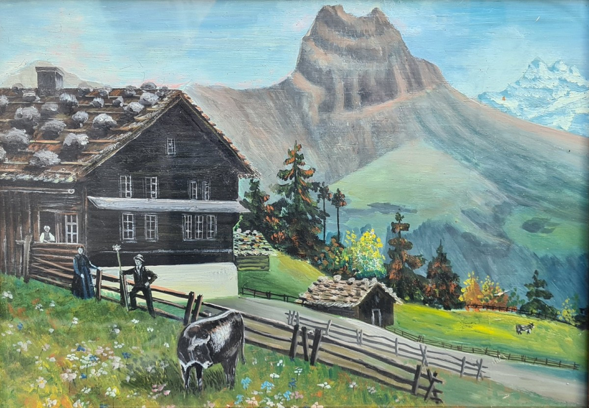 Tableau naïf montagne portrait de famille de paysans alpins
