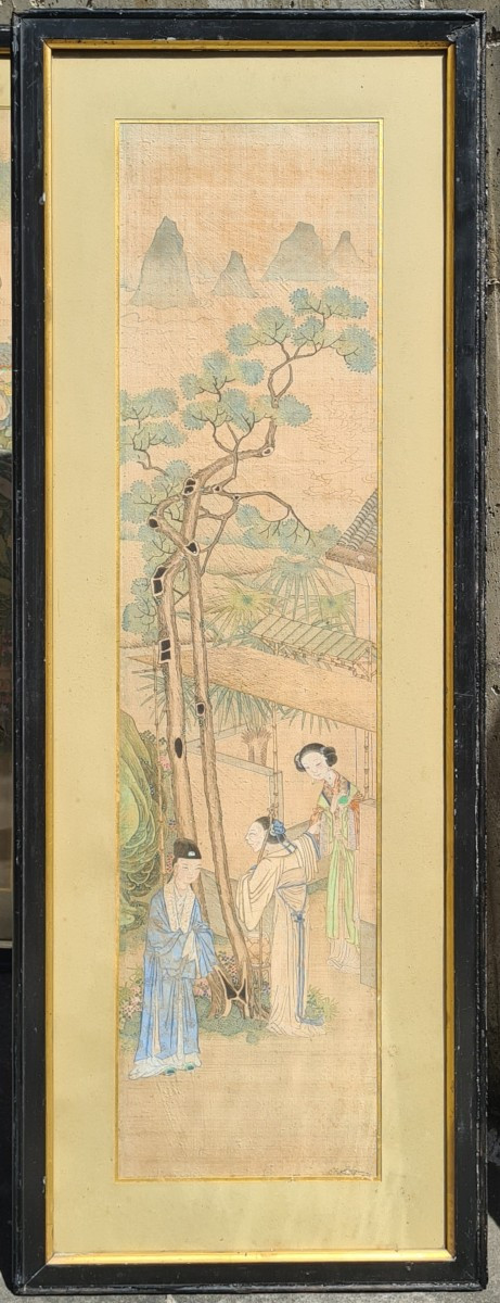 Triptyque peint sur soie chinois-photo-2