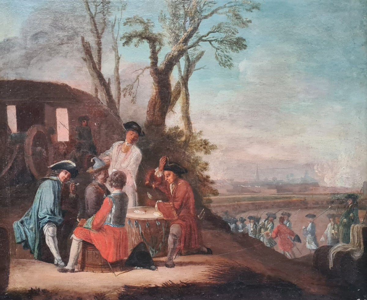Partie de cartes entre soldats, scène de siège sous Louis XV