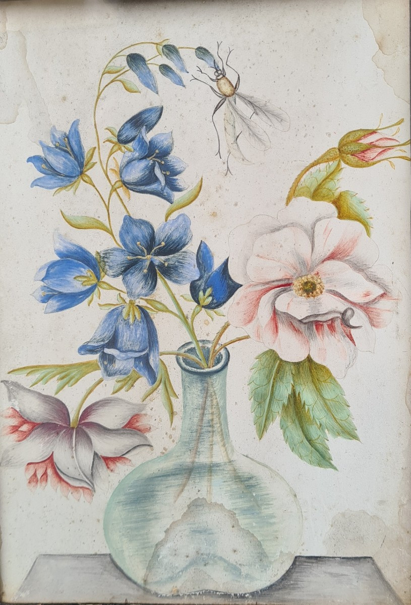 Bouquet Of Flowers In The 17th Century, Watercolor On Parchment -photo-2