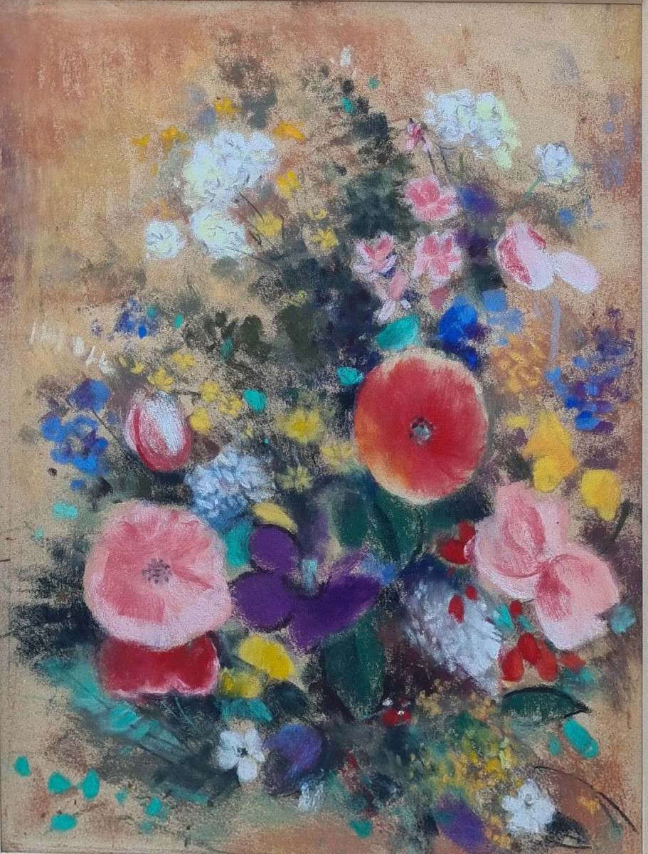 Bouquet de fleurs au pastel dans le goût d'Odilon Redon