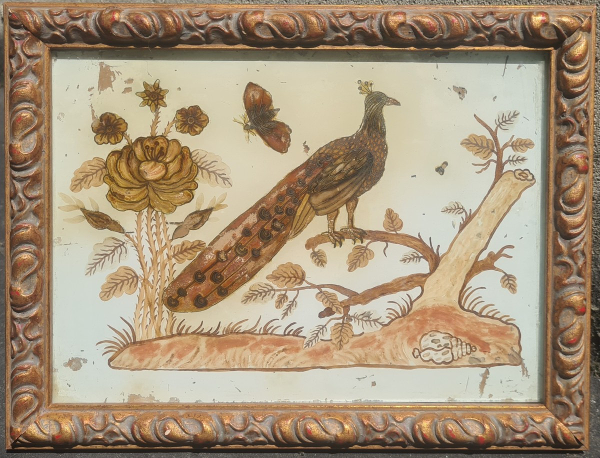 Peacock And Butterfly, Mounted Under Glass