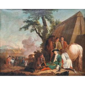 Soins à un officier blessé, scène de siège sous Louis XV 