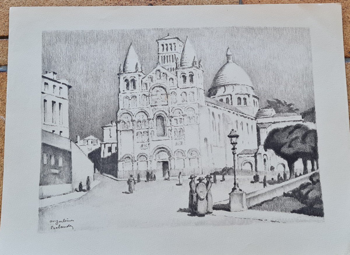 Gaston Balande Litho Circa 1935 Saint Front Cathedral Angouleme D Period Art Deco-photo-3