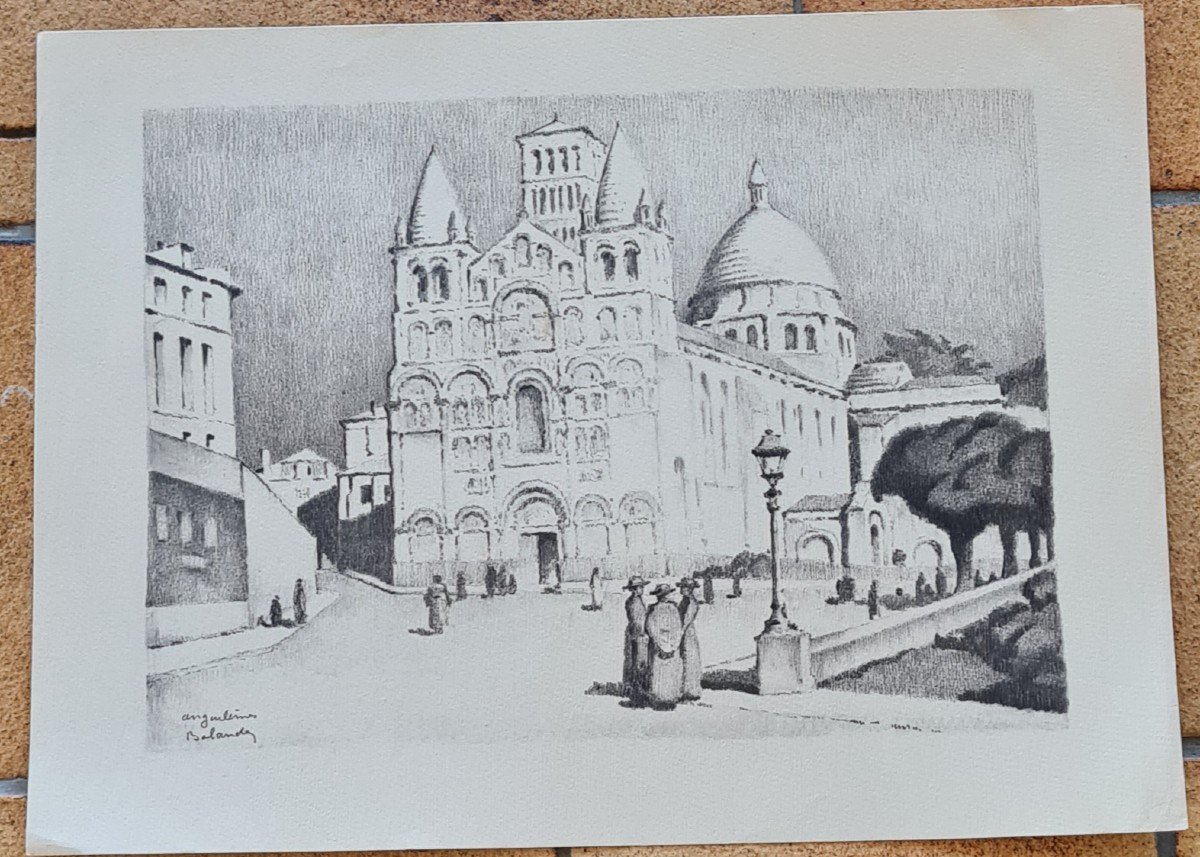 Gaston Balande Litho Circa 1935 Saint Front Cathedral Angouleme D Period Art Deco-photo-2