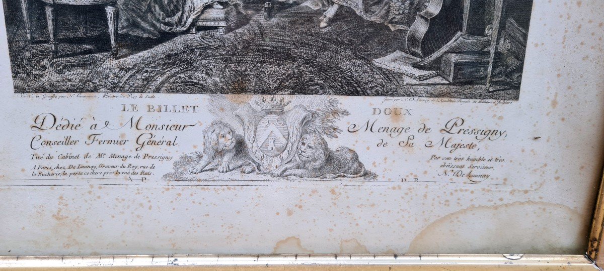 Le billet doux Circa XVIIIe GRAVURE ORIGINALE SUR PAPIER VERGE NICOLAS LAVREINCE  le billet doux stokcholm monsieur Menage de Pressigny fermier general  -photo-3