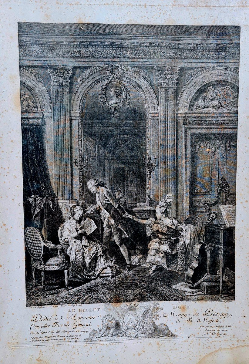 Le billet doux Circa XVIIIe GRAVURE ORIGINALE SUR PAPIER VERGE NICOLAS LAVREINCE  le billet doux stokcholm monsieur Menage de Pressigny fermier general  