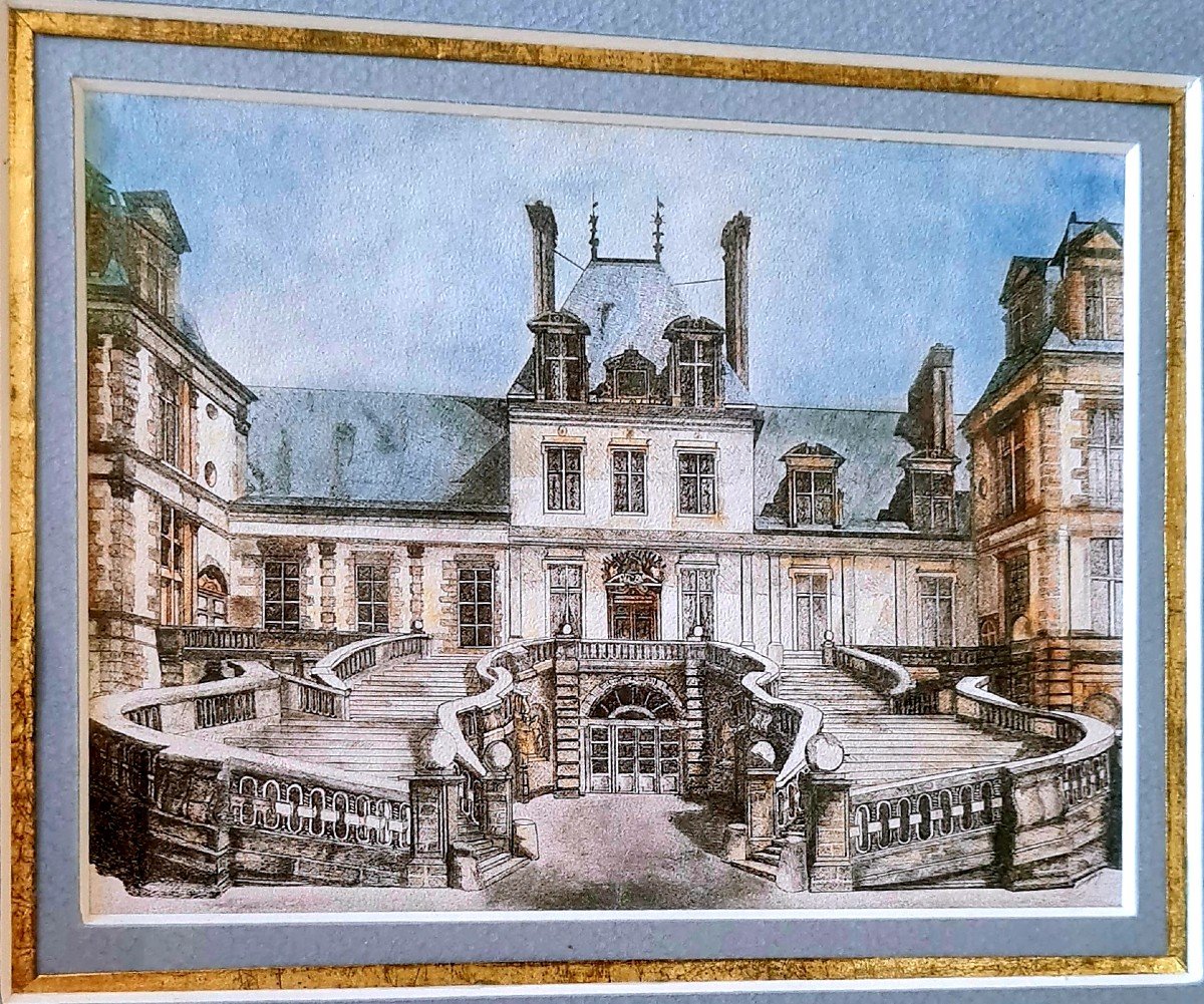 XIX E Rare Gravure Litho Couleur Extreme Qualitė Chateau Palais De Fontainebleau Napoleon 