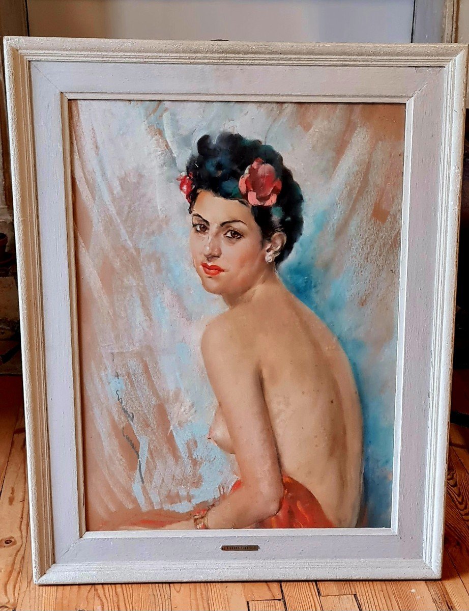 Grand format !!! Signė  Jean-albert Grand-carteret (1903-1954). Portrait De Jeune Femme Brune. Pastel Signé-photo-3