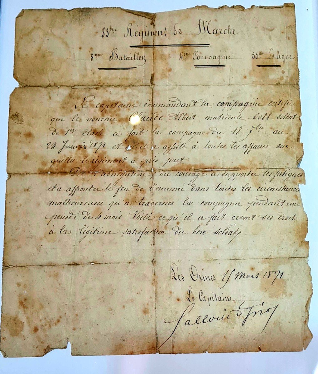 Militaria War Of 1870 / 1871 Certificate Attestation Of Military Campaign