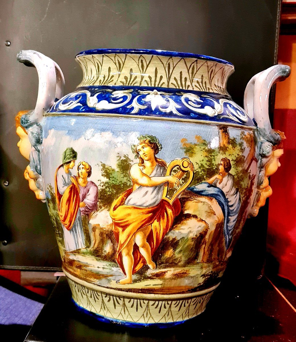 Urbino Italie Majolique: Importante Jardinière vase Sur Piédouche Faïence Italienne XIXème urbino Siècle-photo-2