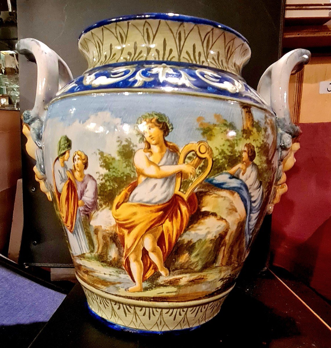 Urbino Italie Majolique: Importante Jardinière vase Sur Piédouche Faïence Italienne XIXème urbino Siècle-photo-2