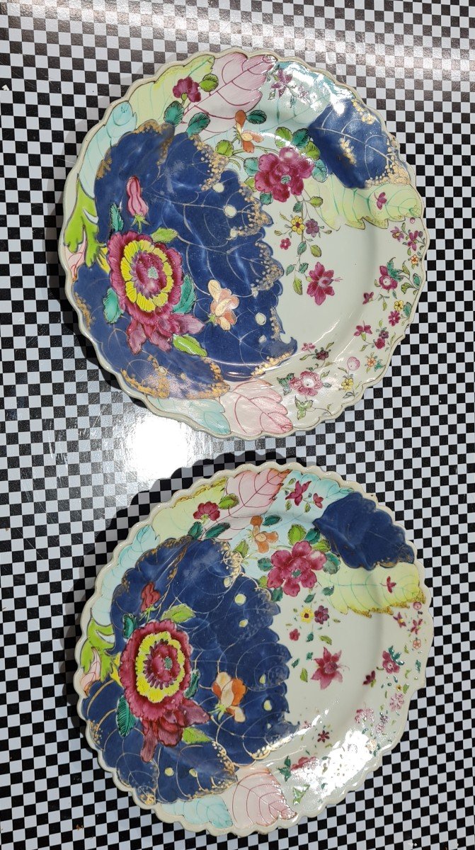 Rare Pair Of Plates With Tobacco Leaf Decor. Qianlong Famille Rose White Blue Qing Dynasty  China Chinese-photo-5