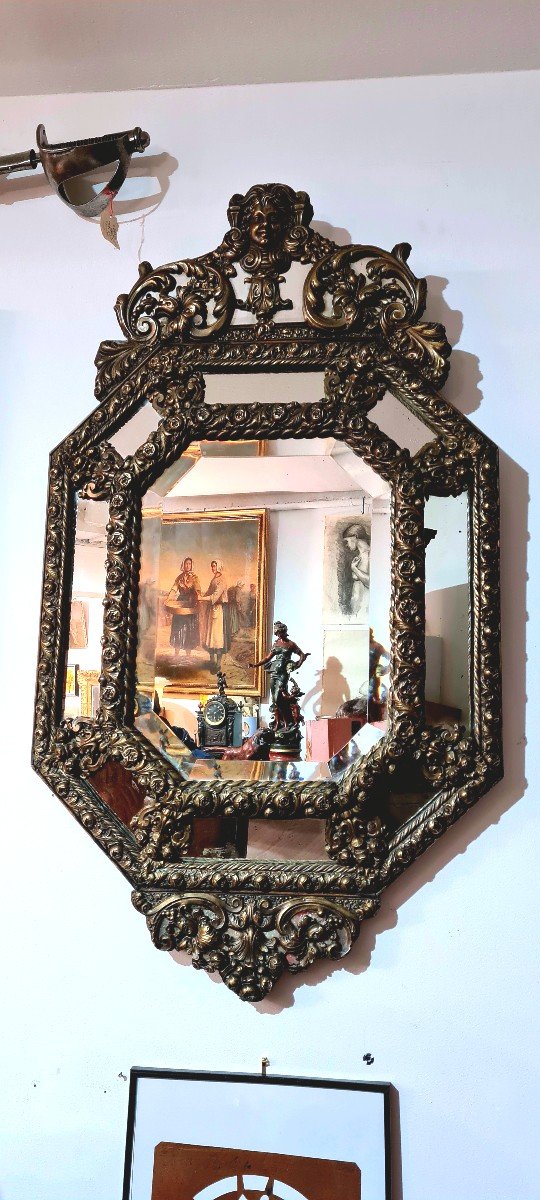 Grand Miroir A Parecloses Mural Hexagonal En Laiton Avec Cimier, 19ème Siècle 