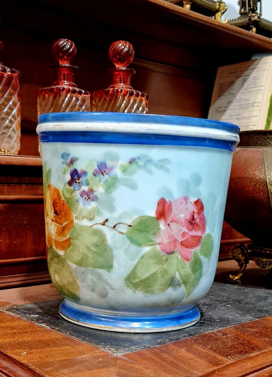 Jardiniere Cache Pot Enamelled Porcelain Hand Painted XIX Eme Floral Decor Of Roses Paris-photo-2