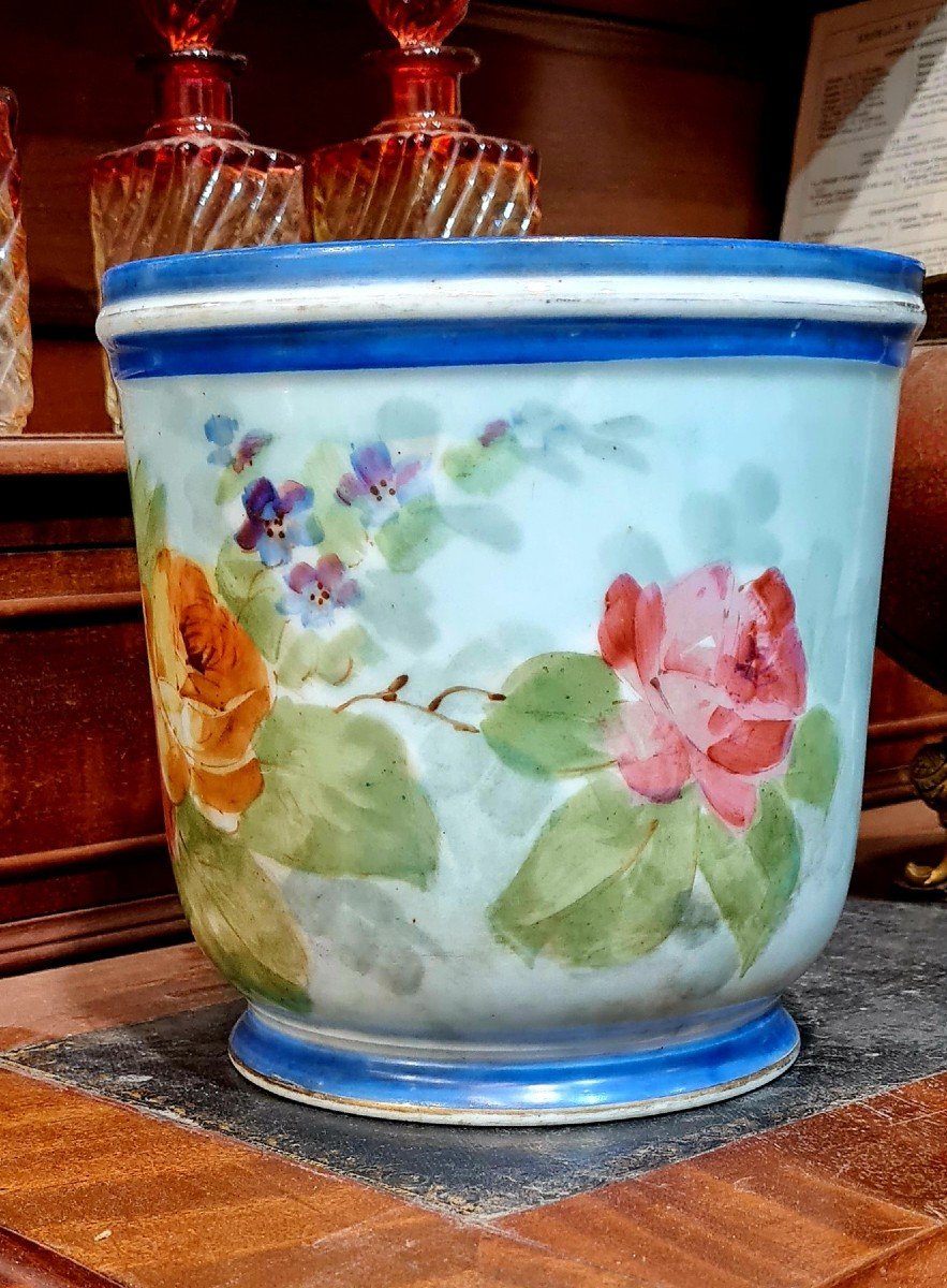 Jardiniere Cache Pot Enamelled Porcelain Hand Painted XIX Eme Floral Decor Of Roses Paris-photo-4