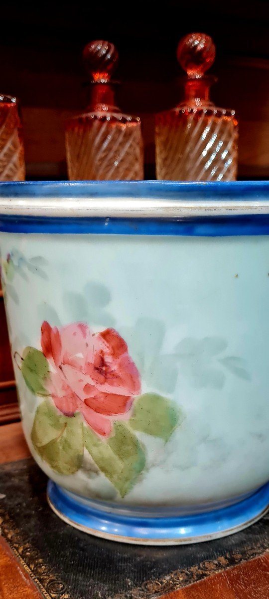 Jardiniere Cache Pot Enamelled Porcelain Hand Painted XIX Eme Floral Decor Of Roses Paris-photo-1