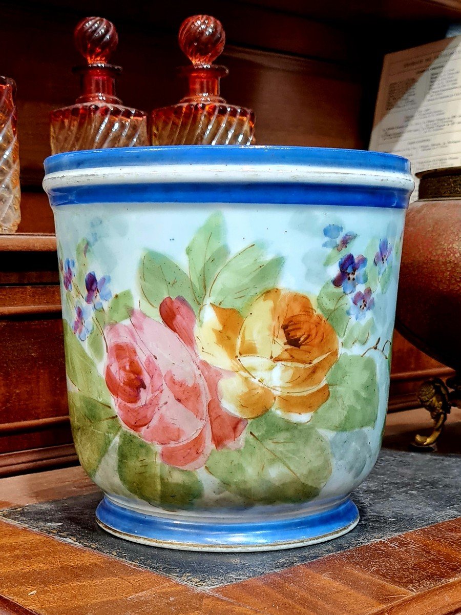 Jardiniere Cache Pot Porcelaine Emaillée Peinte A La Main  XIX Eme Decor Floral de Roses Paris