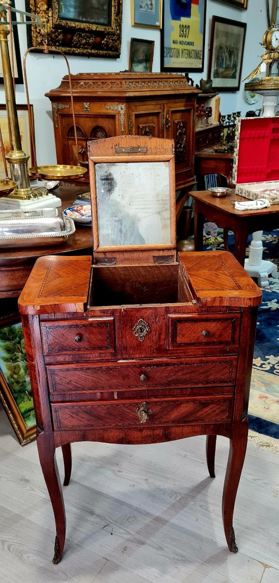 Toute Petite Barbiere Poudreuse Coiffeuse Marqueterie Marquetée Louis XV circa XVIII E XIX E Console table salon chambre -photo-2